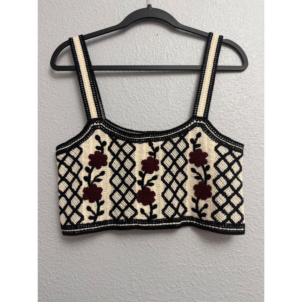 Le Lis Boho Crochet Knit Floral Crop Top Small/Medium Cream Black Burgundy